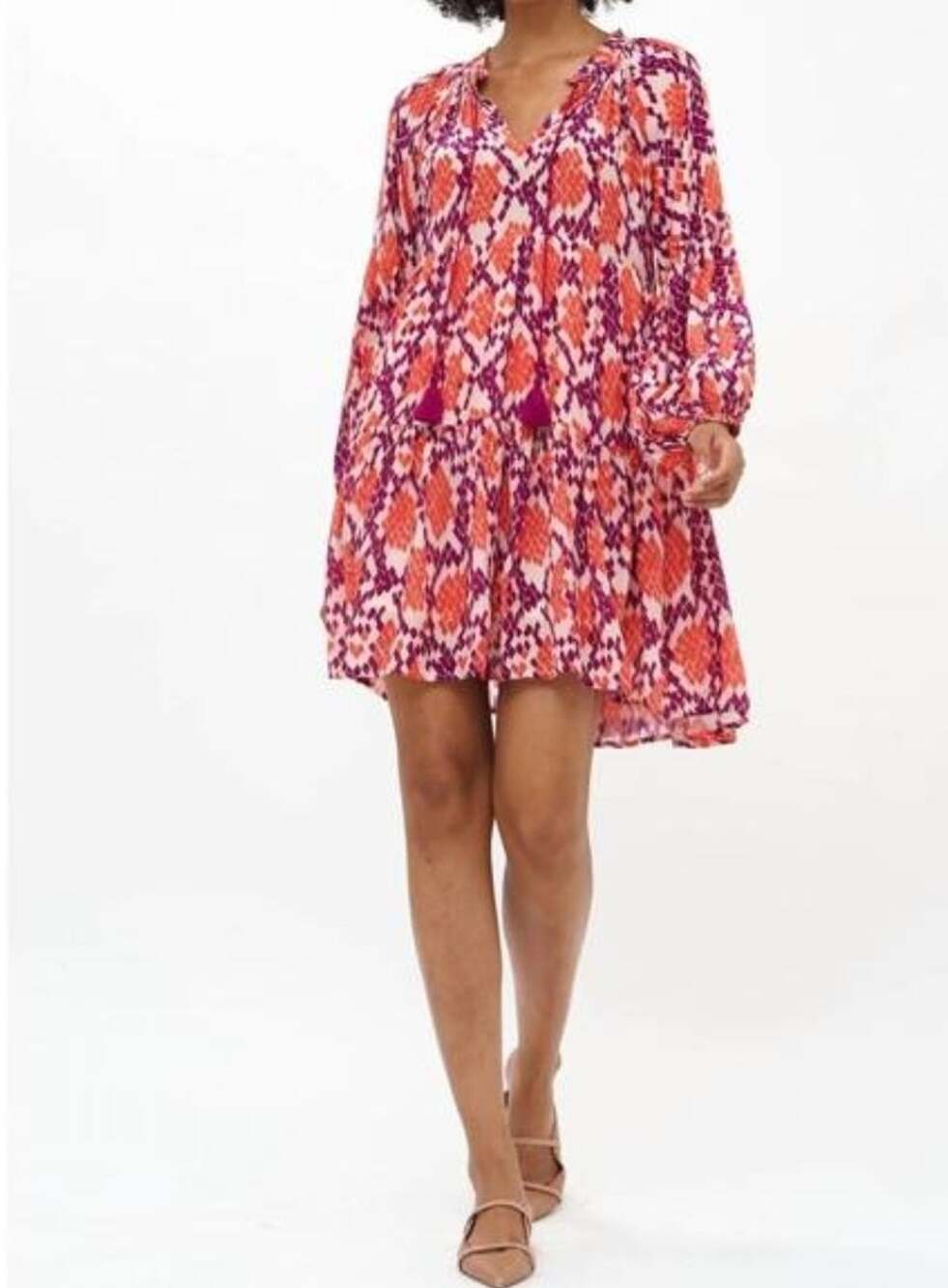 OLIPHANT Pebble Coral Python Lilac Pink Ruffle Neck Tiered Dress Tassel Boho XS